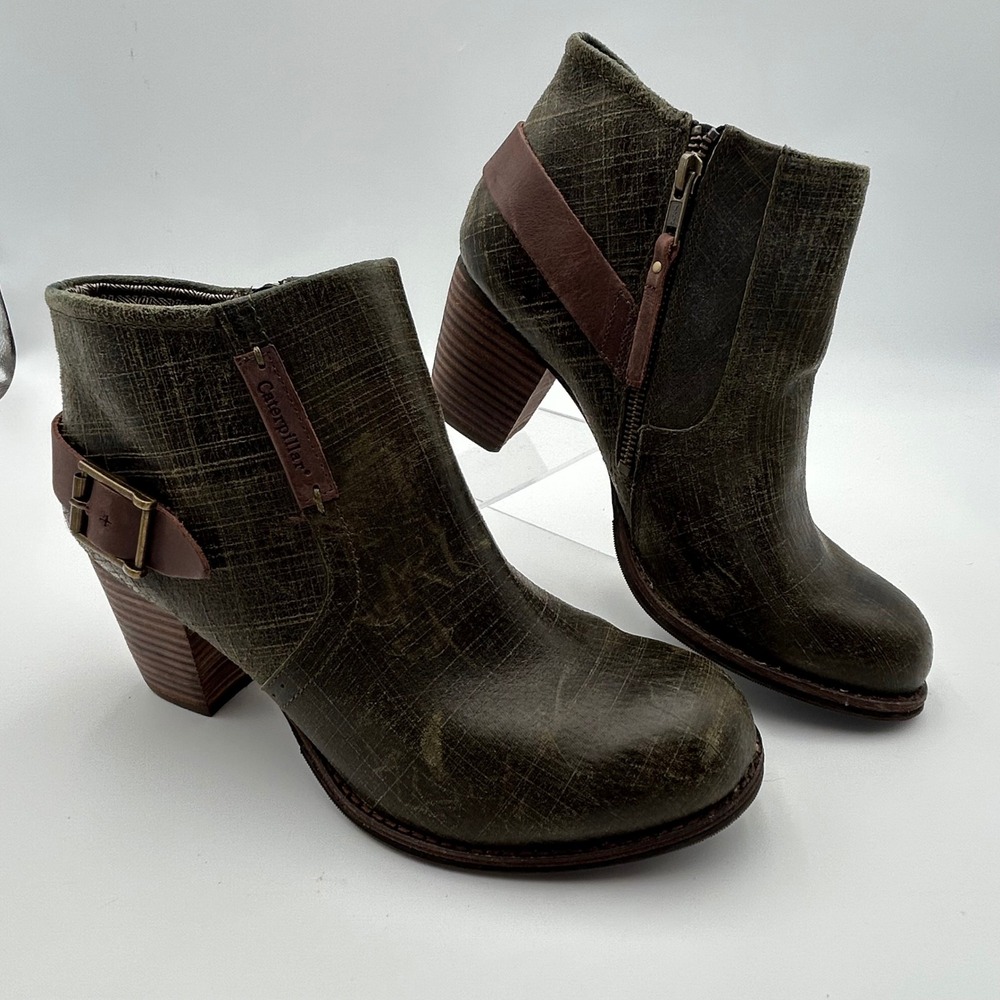 Caterpillar CAT Olive Green Leather Ankle Boots Womens 9 Annette Western Work